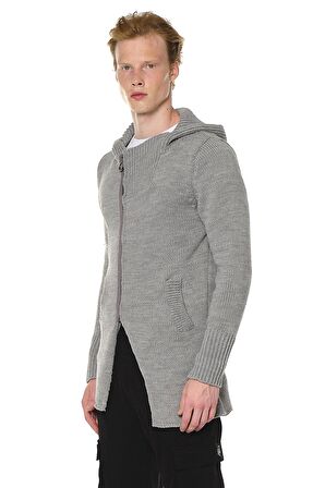 Erkek Fermuarlı Kapüşonlu Asimetrik Triko Uzun Salaş Spor Hırka