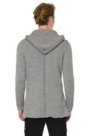 Erkek Fermuarlı Kapüşonlu Asimetrik Triko Uzun Salaş Spor Hırka