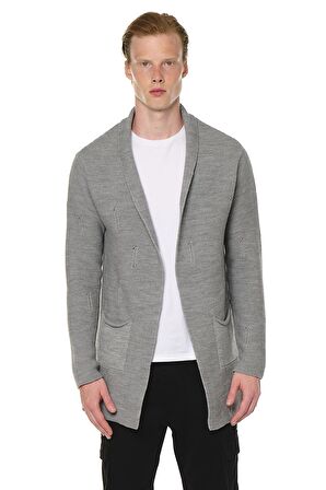 Erkek Yırtık Detaylı Cepli Triko Uzun Salaş Spor Hırka 