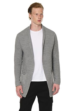 Erkek Yırtık Detaylı Cepli Triko Uzun Salaş Spor Hırka 