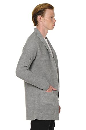 Erkek Yırtık Detaylı Cepli Triko Uzun Salaş Spor Hırka 