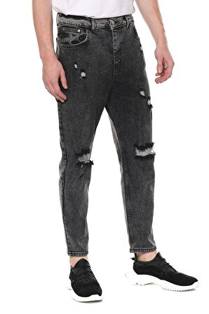 Erkek Bol Kesim Yırtık Detaylı Eskitme Efektli Jean Kot Pantolon