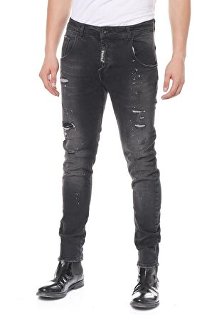 Erkek Skinny Fit Yırtlık Yıkamalı Boya Desenli Jean Kot Pantolon