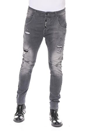 Erkek Skinny Fit Yırtlık Yıkamalı Boya Desenli Jean Kot Pantolon