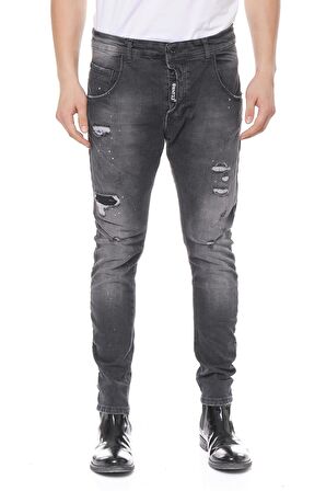 Erkek Skinny Fit Yırtlık Yıkamalı Boya Desenli Jean Kot Pantolon