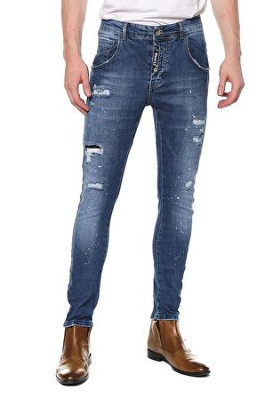 Erkek Skinny Fit Yırtlık Yıkamalı Boya Desenli Jean Kot Pantolon