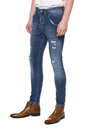 Erkek Skinny Fit Yırtlık Yıkamalı Boya Desenli Jean Kot Pantolon