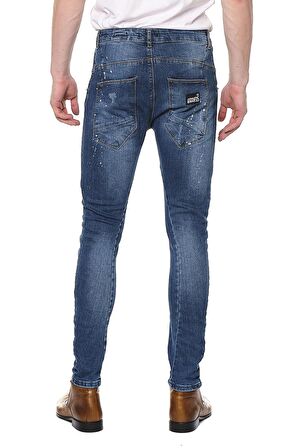 Erkek Skinny Fit Yırtlık Yıkamalı Boya Desenli Jean Kot Pantolon