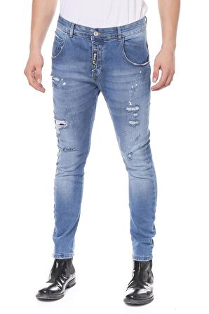 Erkek Skinny Fit Yırtlık Yıkamalı Boya Desenli Jean Kot Pantolon
