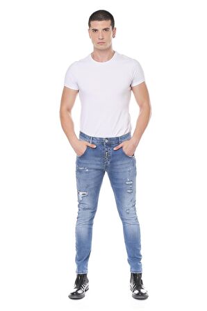 Erkek Skinny Fit Yırtlık Yıkamalı Boya Desenli Jean Kot Pantolon