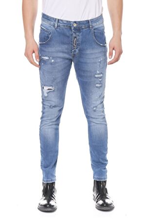 Erkek Skinny Fit Yırtlık Yıkamalı Boya Desenli Jean Kot Pantolon