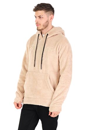 Erkek Kapüşonlu Kanguru Cepli Kendinden Eldivenli Kalın Kışlık Peluş Sweatshirt