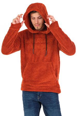 Erkek Kapüşonlu Kanguru Cepli Kendinden Eldivenli Kalın Kışlık Peluş Sweatshirt