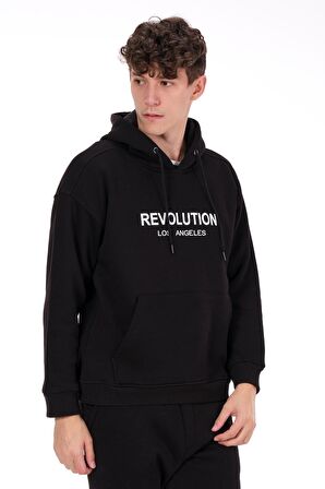 Erkek Kapüşonlu Önü Baskılı Pamuklu 3 İplik Şardonlu Kalın Sweatshirt