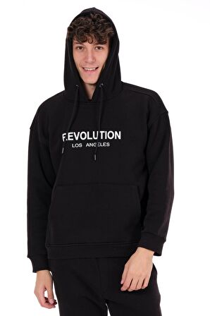 Erkek Kapüşonlu Önü Baskılı Pamuklu 3 İplik Şardonlu Kalın Sweatshirt