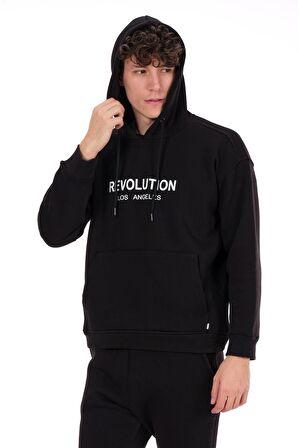 Erkek Kapüşonlu Önü Baskılı Pamuklu 3 İplik Şardonlu Kalın Sweatshirt