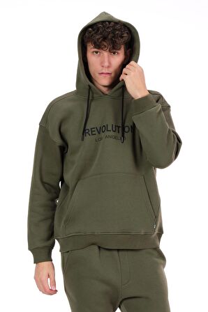 Erkek Kapüşonlu Önü Baskılı Pamuklu 3 İplik Şardonlu Kalın Sweatshirt