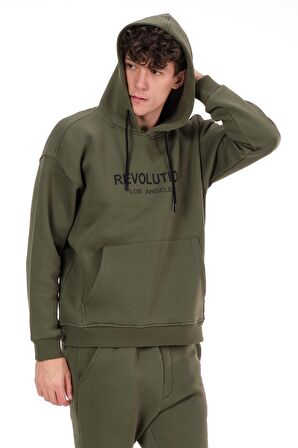 Erkek Kapüşonlu Önü Baskılı Pamuklu 3 İplik Şardonlu Kalın Sweatshirt