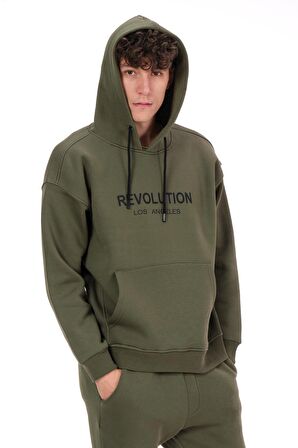 Erkek Kapüşonlu Önü Baskılı Pamuklu 3 İplik Şardonlu Kalın Sweatshirt