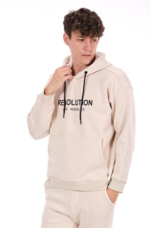 Erkek Kapüşonlu Önü Baskılı Pamuklu 3 İplik Şardonlu Kalın Sweatshirt