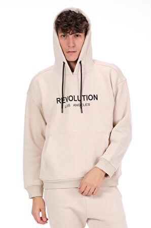 Erkek Kapüşonlu Önü Baskılı Pamuklu 3 İplik Şardonlu Kalın Sweatshirt