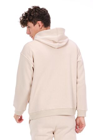 Erkek Kapüşonlu Önü Baskılı Pamuklu 3 İplik Şardonlu Kalın Sweatshirt