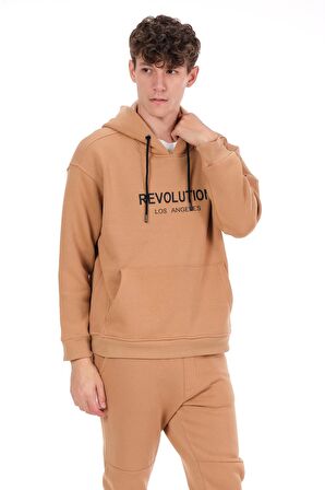 Erkek Kapüşonlu Önü Baskılı Pamuklu 3 İplik Şardonlu Kalın Sweatshirt