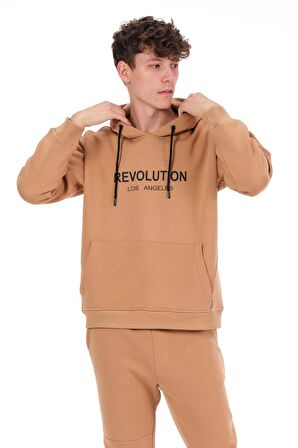 Erkek Kapüşonlu Önü Baskılı Pamuklu 3 İplik Şardonlu Kalın Sweatshirt