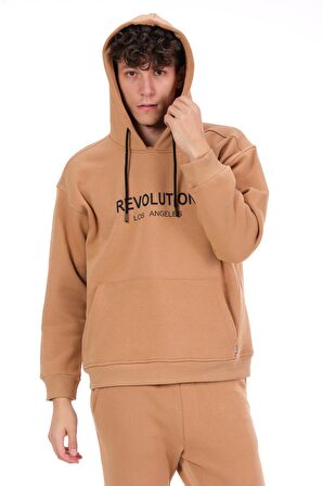 Erkek Kapüşonlu Önü Baskılı Pamuklu 3 İplik Şardonlu Kalın Sweatshirt