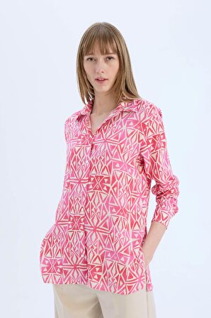 Oversize Geniş Kalıp Gömlek Yaka Baskılı Uzun Kollu Tunik