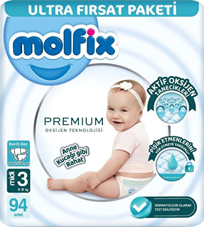 Molfix Premium Bebek Bezi Ultra Fırsat Paketi 3 Beden 4-9 Kg Standart 94 Adet