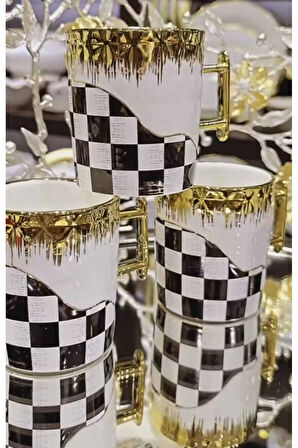 Damalı Porselen Kupa Bardak Gold
