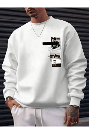 Erkek Beyaz New Moment The Post Baskılı Bsiklet Yaka Sweatshirt