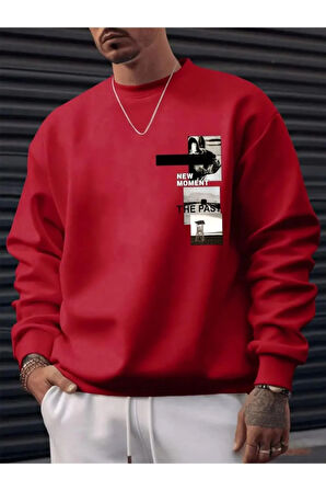 Erkek Kırmızı New Moment The Post Baskılı Bsiklet Yaka Sweatshirt