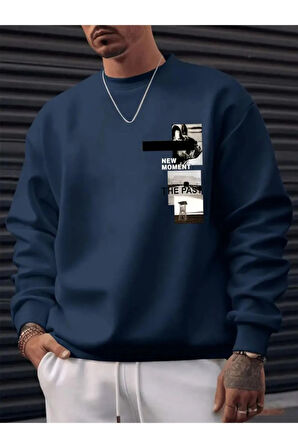 Erkek Lacivert  New Moment The Post Baskılı Bsiklet Yaka Sweatshirt