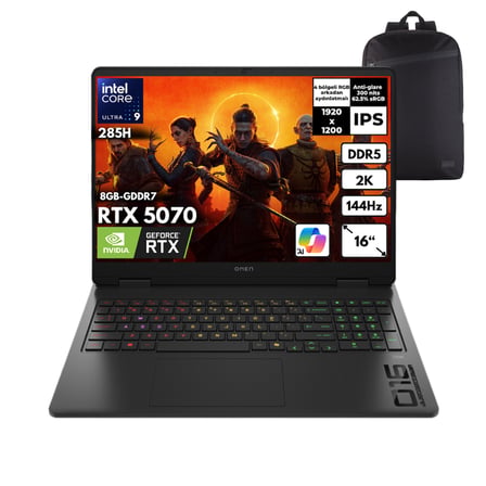 Hp Omen Slim 16-AN0017NT Ultra 9-285H 32-GBDDR5 2 TBSSD RTX5070 (8GB-GDDR7) 16" 2K 144Hz Windows 10 Pro + QB Sırt Çantası CD7K1EAQB41