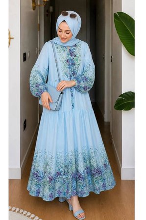 Çıtır Çiçek Desen Pamuklu Modal Elbise Mavi