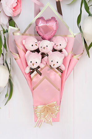 Sole Sevgiliye Özel Pembe Konsept Balonlu Romantik Peluş Ayıcık Buketi
