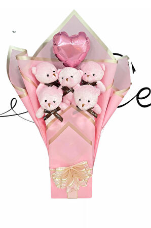 Sole Sevgiliye Özel Pembe Konsept Balonlu Romantik Peluş Ayıcık Buketi