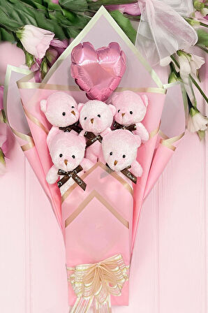 Sole Sevgiliye Özel Pembe Konsept Balonlu Romantik Peluş Ayıcık Buketi