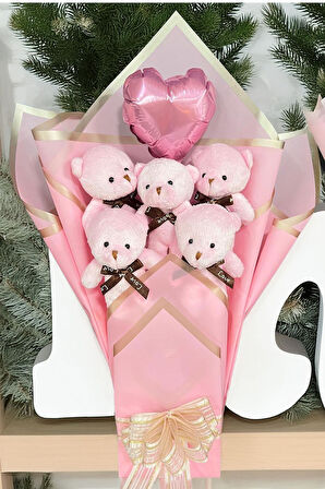 Sole Sevgiliye Özel Pembe Konsept Balonlu Romantik Peluş Ayıcık Buketi