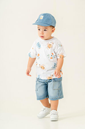 3'Lü Erkek Çocuk Beyaz Anımal Desenli Tişört Kot Şhort ve Kot Şaplalı Takım