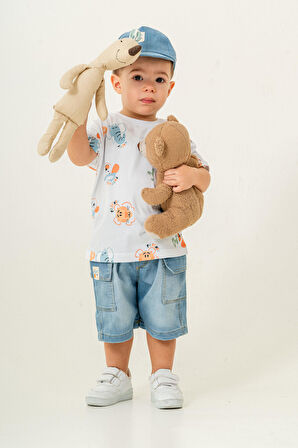 3'Lü Erkek Çocuk Beyaz Anımal Desenli Tişört Kot Şhort ve Kot Şaplalı Takım