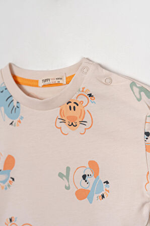 3'Lü Erkek Çocuk Bej Anımal Desenli Tişört Kot Şhort ve Kot Şaplalı Takım