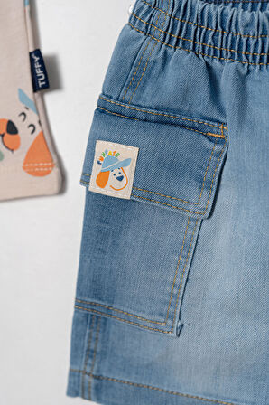 3'Lü Erkek Çocuk Bej Anımal Desenli Tişört Kot Şhort ve Kot Şaplalı Takım