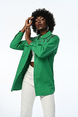 KADIN ROBASI TAŞ İŞLEMELİ DÜZ RENK GÖMLEK-CEKET