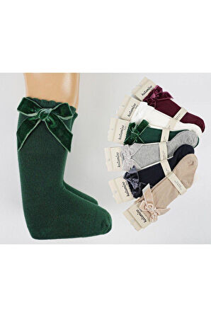 1 Adet Kız Çocuk Diz Altı Lacivert   Kadife Kurdeleli Çorap