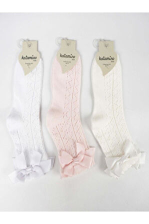 3 Adet Kız Çocuk Desenli Kurdele Detaylı Soket Çorap