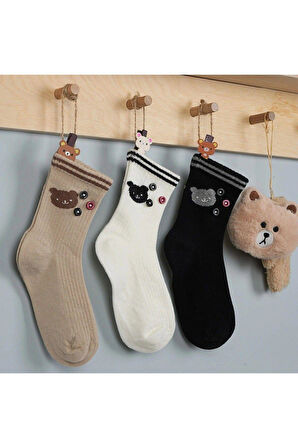 3 Adet Unısex Çocuk Panda Desenli Düğme Aksesuarlı Soket Çorap