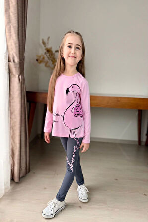 Flamingo Desenli Pembe Renk Kız Çocuk Taytlı Takım